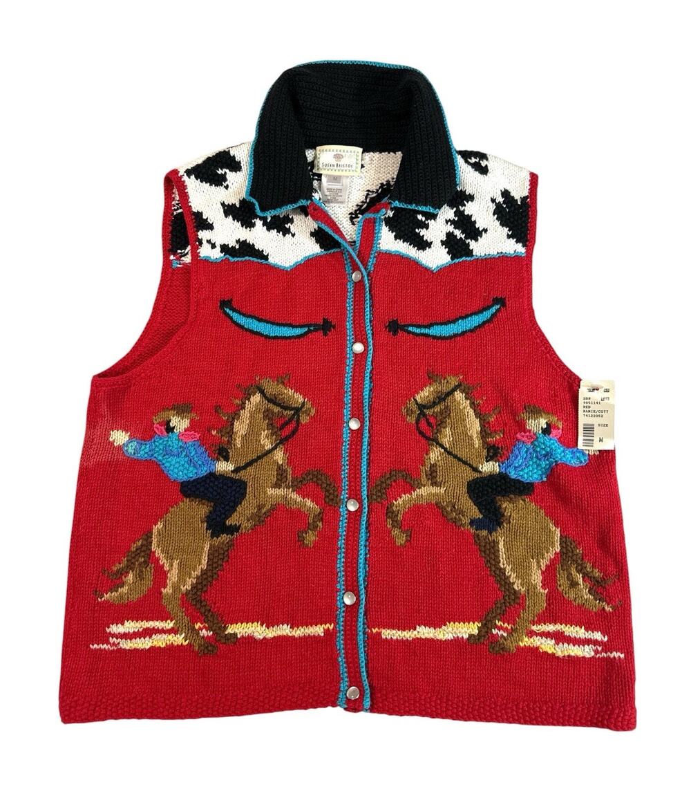 Vintage 1998 Susan Bristol Western Cowboy Horse Hand Knit Sweater Vest M